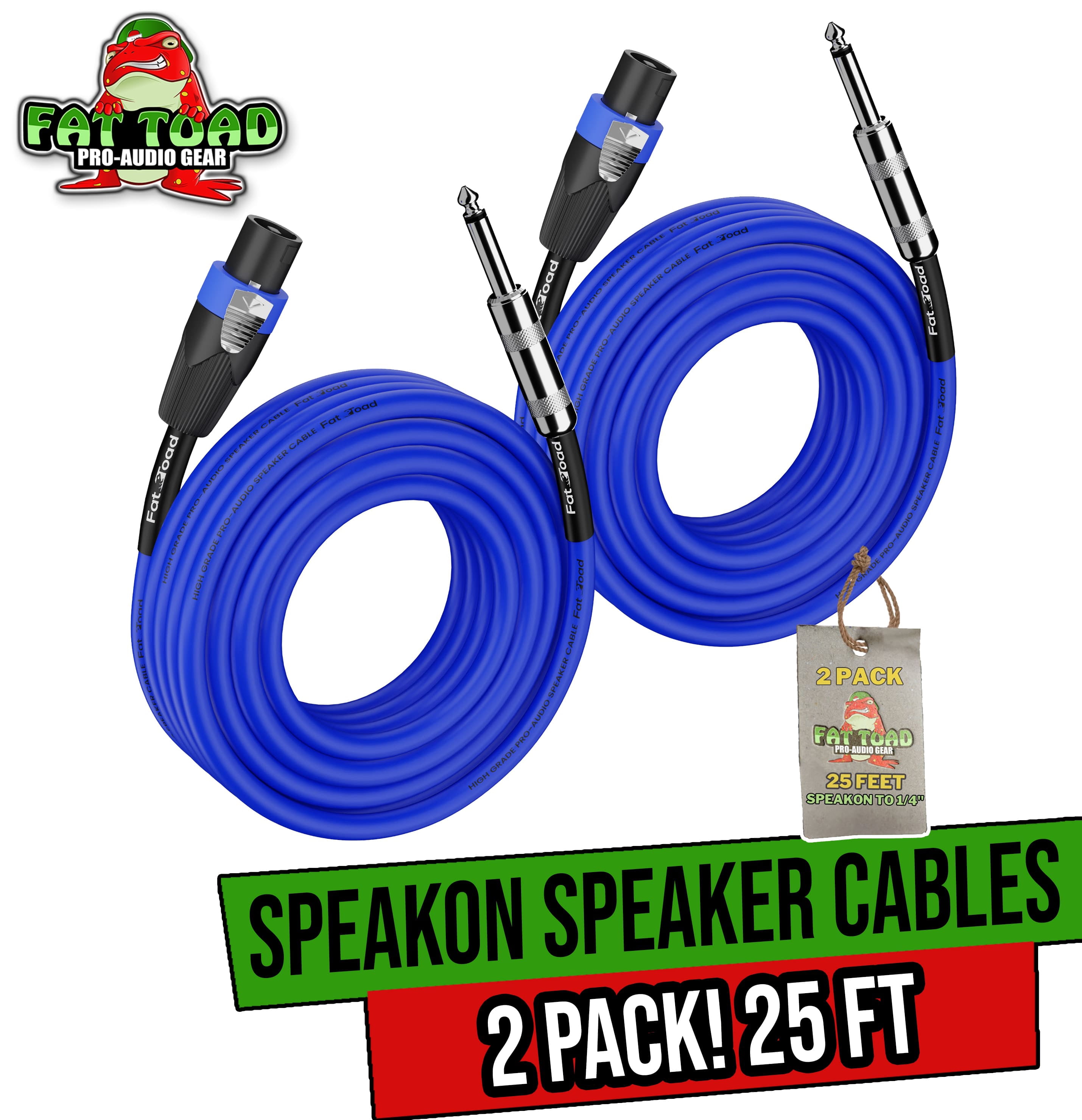 Fat Toad Speakon Cables to 1/4" Male (2 Pack) - 25 ft Professional Pro Audio Blue Speaker PA Cord with Twist Lock Connector - 12 AWG Wire for Impeccable Studio Recording & Stage Performance Gear
