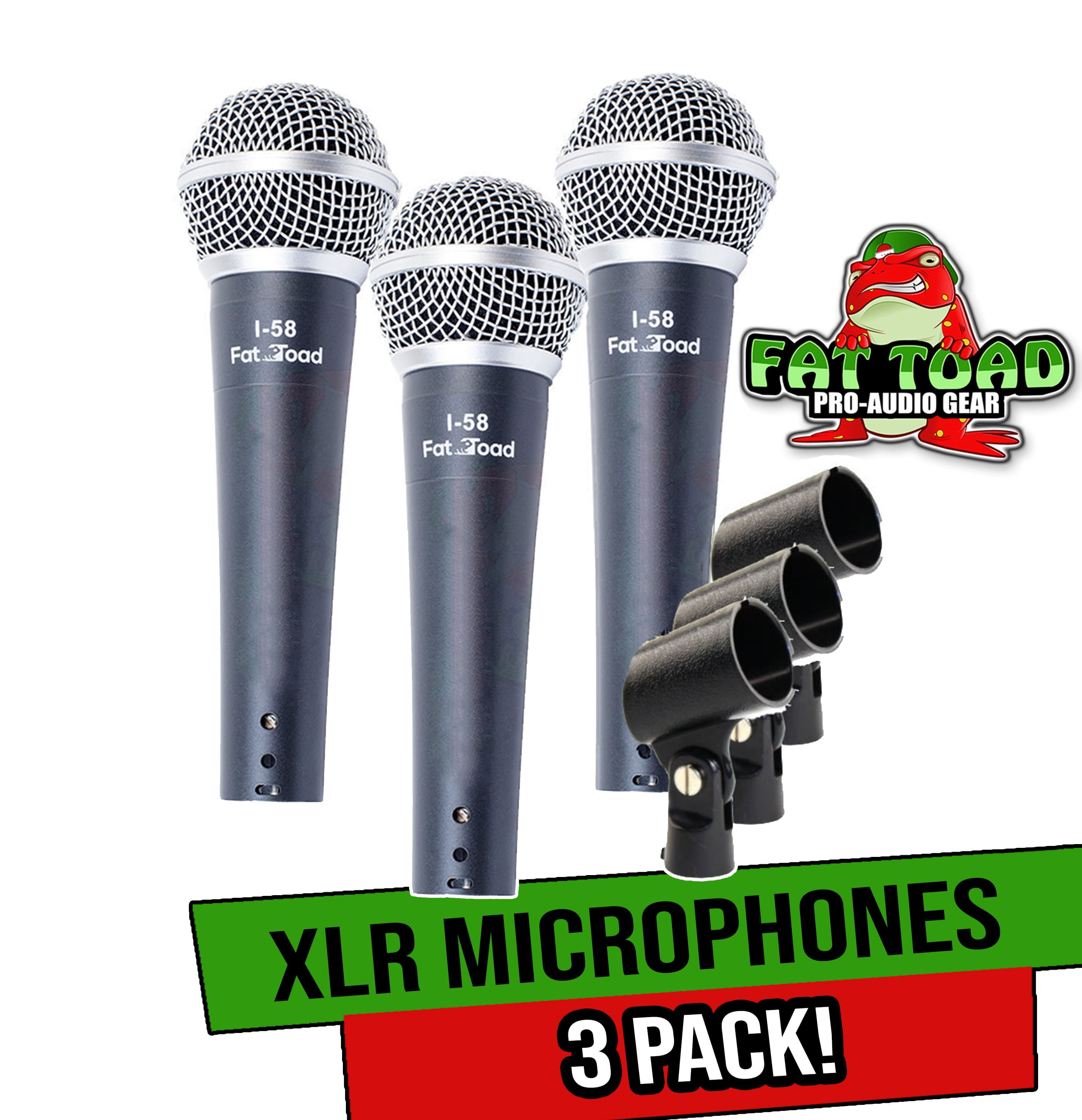 Fat Toad Vocal Handheld Microphones & Clips (3 Pack) - Professional Cardioid Dynamic, Unidirectional Mic Singing - Microphone Designed for Music Stage Performances & Studio Recording or PA DJ Karaoke