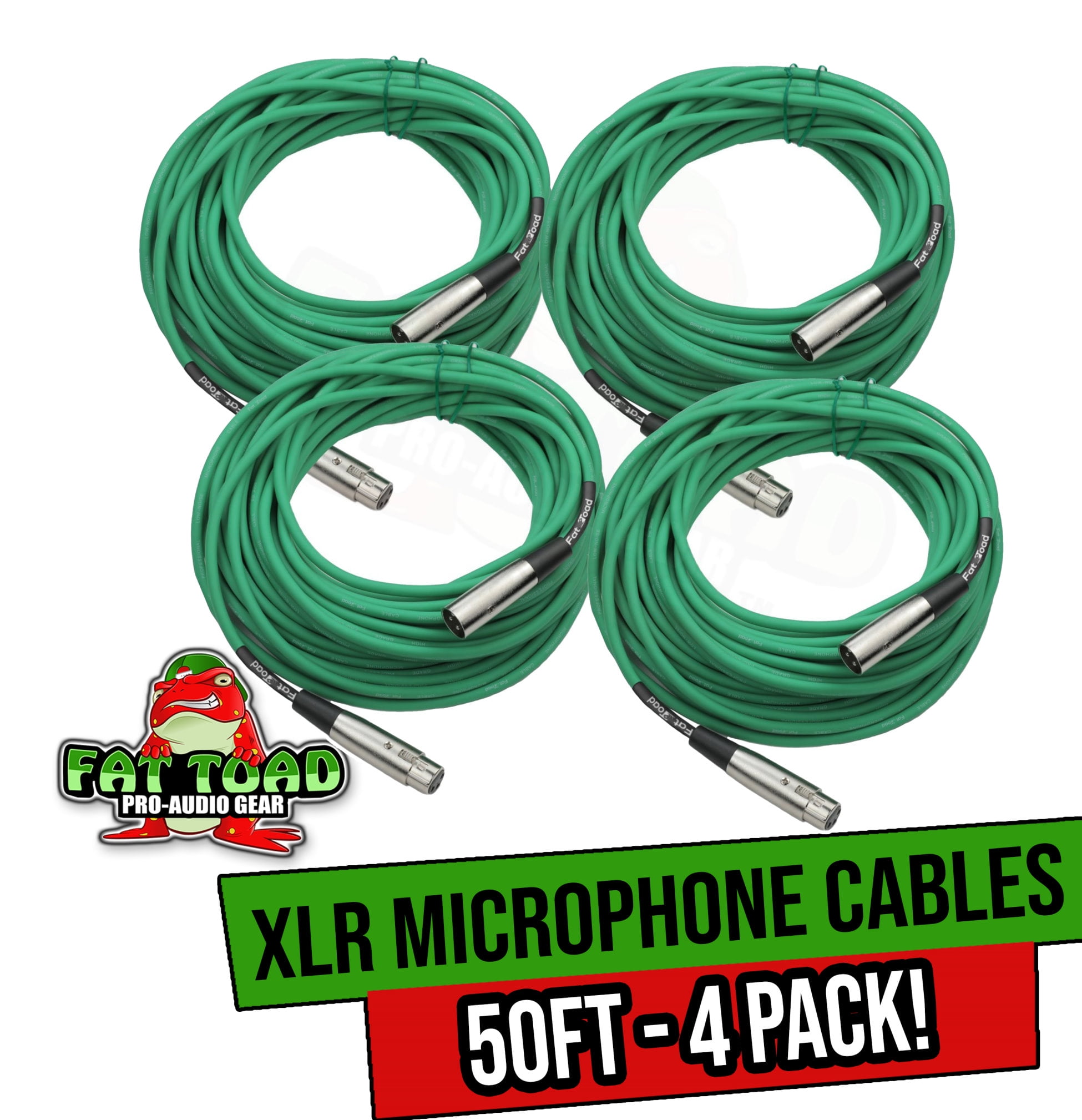 Fat Toad XLR Microphone Cables (4 Pack) - 50 ft Professional Pro Audio Green Mic Cord Patch with Lo-Z Connector - 24 AWG Shielded Wire and Balanced for Impeccable Recording Studio Mixer Gear
