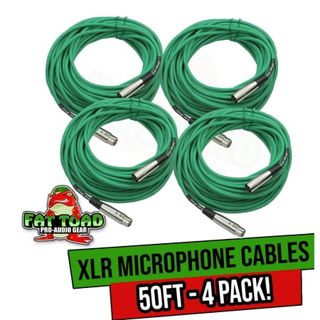 Fat Toad XLR Microphone Cables (4 Pack) - 50 ft Professional Pro Audio Green Mic Cord Patch with Lo-Z Connector - 24 AWG Shielded Wire and Balanced for Impeccable Recording Studio Mixer Gear