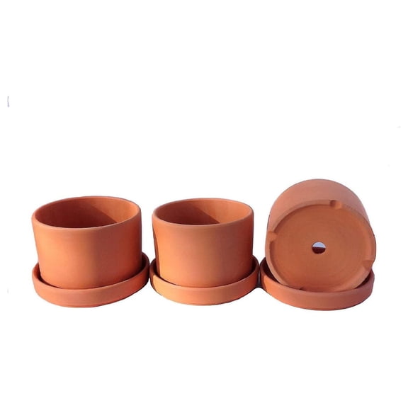 Fat Walled Terracotta Planter with Drainage Hole and Saucer Cylindrical Plants Flower Containers Unglazed Clay Pots - Set of 3 Small