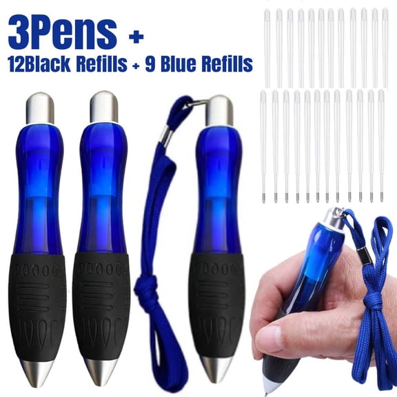 Fat Weighted Pens for Hand Tremors (3 Pack), Heavy Pens with Large Grip for Arthritis, Parkinsons, Carpal Tunnel, Plus 21 Ink Refills  (12 Black Refills + 9 Blue Refills)