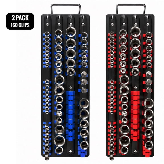 Fatato Socket Organizer, 160 Capacity Socket Rail Organizer with Metal Tray & ABS Clips, 1/4" 3/8" 1/2" Drive Socket Holder for Toolbox, Garage and Workbench Tool Storage