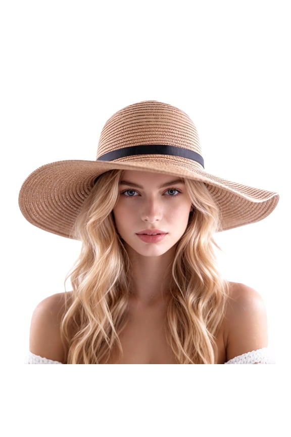 Sun Straw Hats for Women, Wide Brim UV Protection Summer Floppy Hat with Chin Strap Packable Foldable for Beach Travel