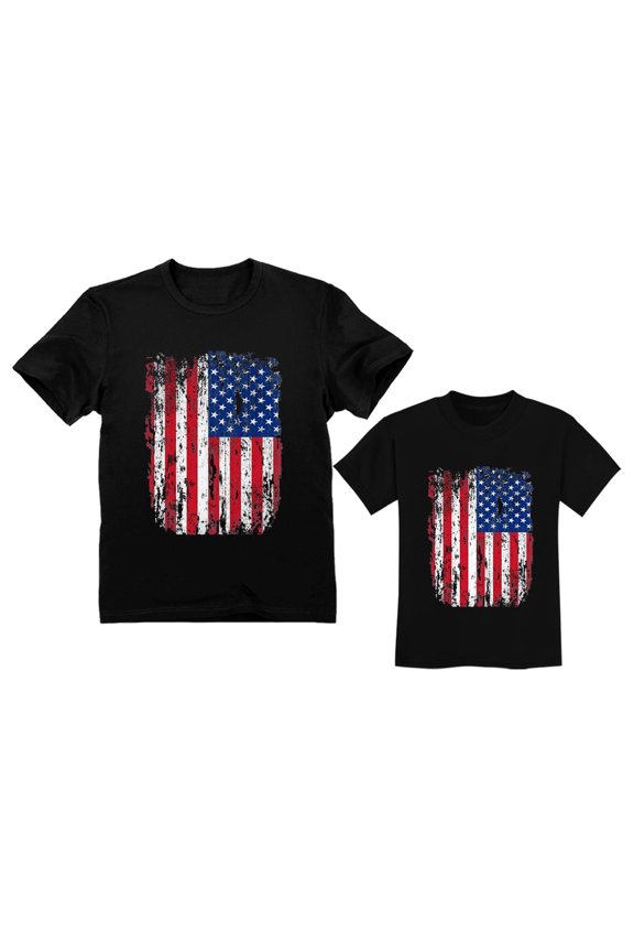Father & Child Matching Set - Vintage USA Flag 4th of July Patriotic Shirts - Celebrate Independence Day in Style - Dad Black Large / Toddler Black 2T