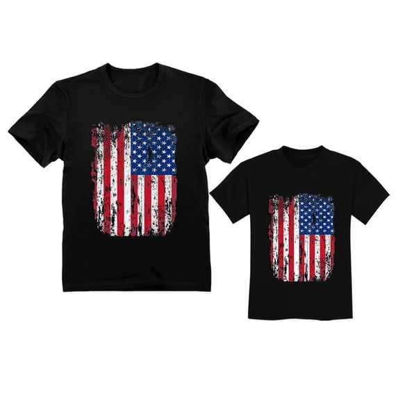 Father & Child Matching Set - Vintage USA Flag 4th of July Patriotic Shirts - Celebrate Independence Day in Style - Dad Black Medium / Toddler Black 5/6