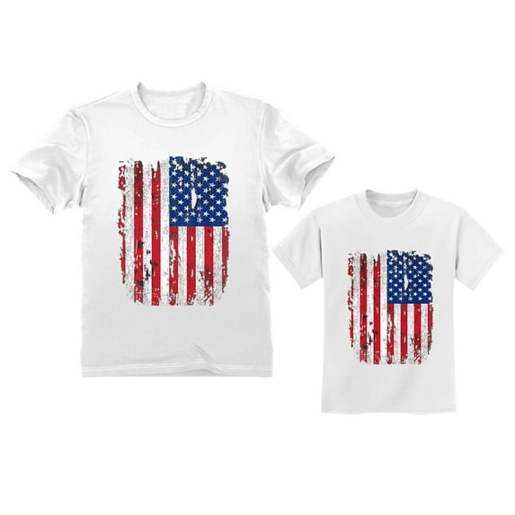Father & Child Matching Set - Vintage USA Flag 4th of July Patriotic Shirts - Celebrate Independence Day in Style - Dad White Small / Toddler White 2T