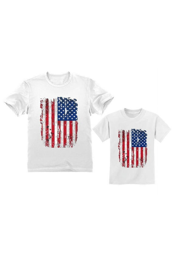 Father & Child Matching Set - Vintage USA Flag 4th of July Patriotic Shirts - Celebrate Independence Day in Style - Dad White X-Large / Toddler White 5/6