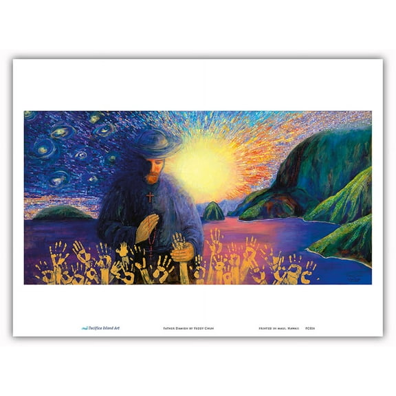 Father Damien - Hawaiian Saint of Molokai - Apostle of the Lepers - From an Original Hawaii Watercolor Painting by Peggy Chun - Master Art Print (Unframed) 9in x 12in