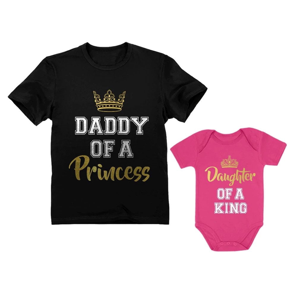 Father & Daughter Matching Set Gift For Dad & Baby Girl Bodysuit & Men's Shirt man Black X-Large / baby Wow pink 6M (3-6M)