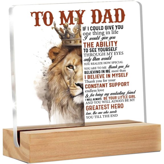 Father Gifts From Daughter, Dad Gifts for Birthday Christmas Father's Day, to My Dad Lion with Crown Clear Acrylic Desk Decorative Sign for Home Decor, 4x4 Inch