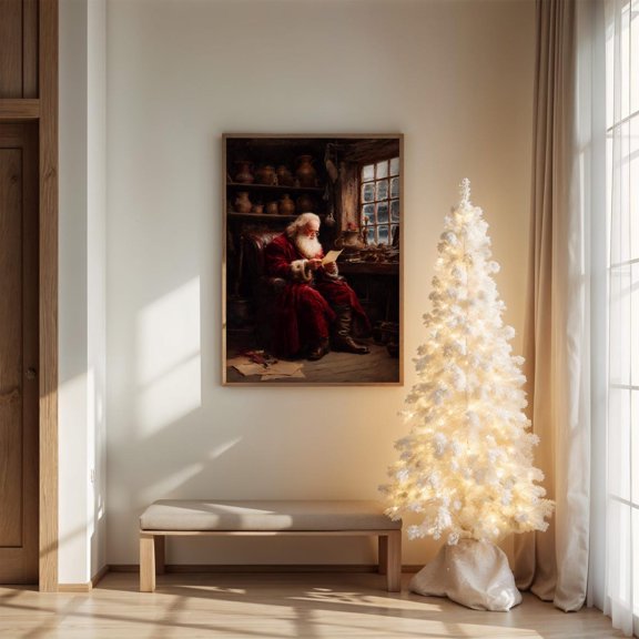 Father Noel Reading Letters Snowy Window Wall Art Home Decor Unframed Paper Print