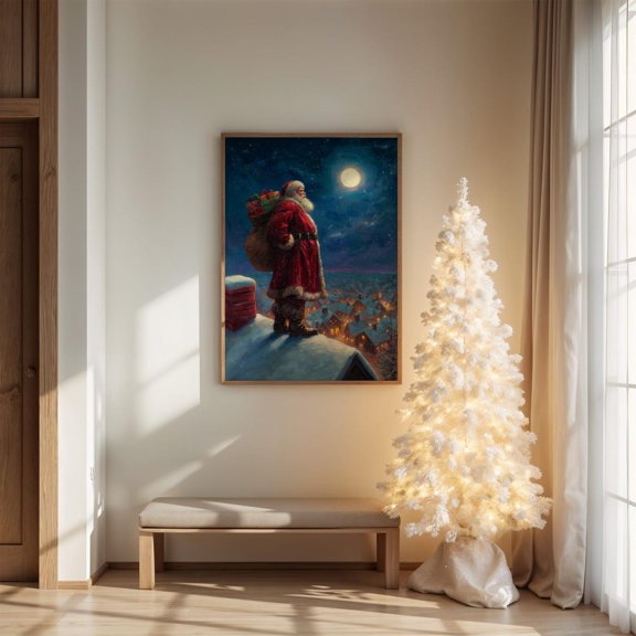 Father Noel Rooftop Full Moon Wall Art Home Decor Unframed Paper Print