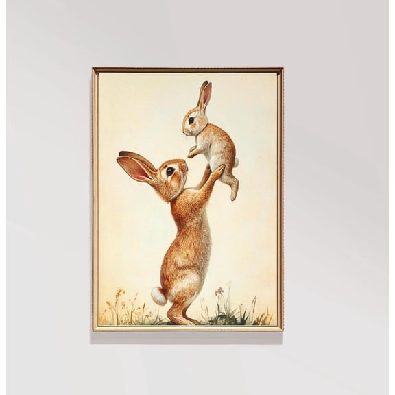 Father Rabbit Lifting Baby Rabbit Print Poster Nursery Wall Art Poster Child'S Room Art Vintage Nursery Decor Poster Warm Present Vintage UNFRAMED Poster Size 24x36