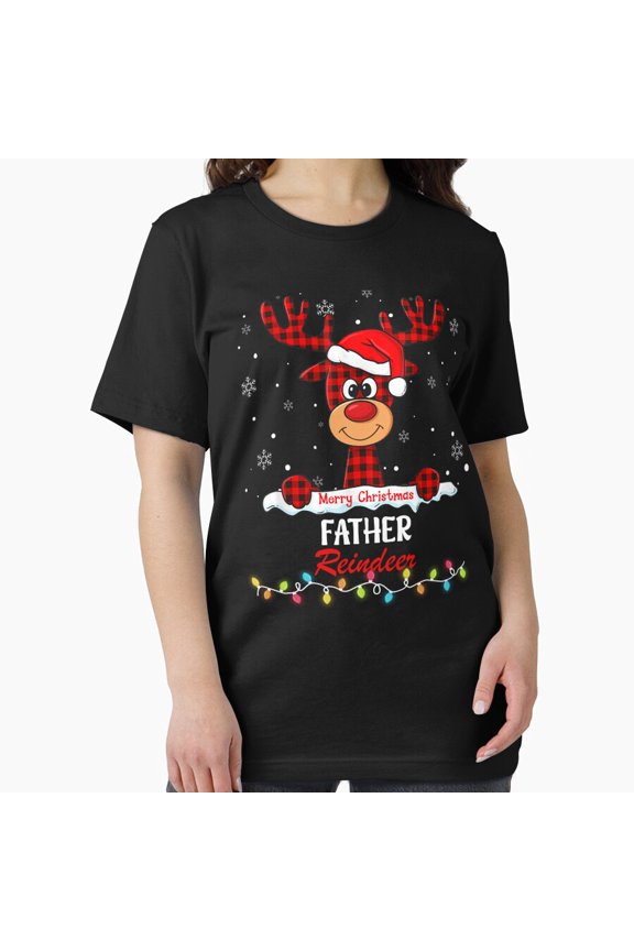 Father Reindeer Holiday Hat Buffalo Plaid Winter Festive Family Art Unisex T-Shirt up to size 5XL