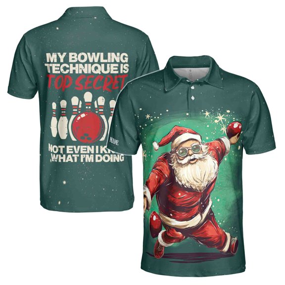 Father Santa Bowling My Bowling Techniques Is Top Secret Men's Polo Shirt S-5XL