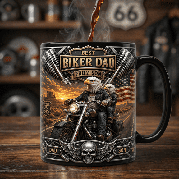 Father Son Biker Magic Mug Personalized Gift for Dads, Bald Eagle Dad Motorcycle Mug