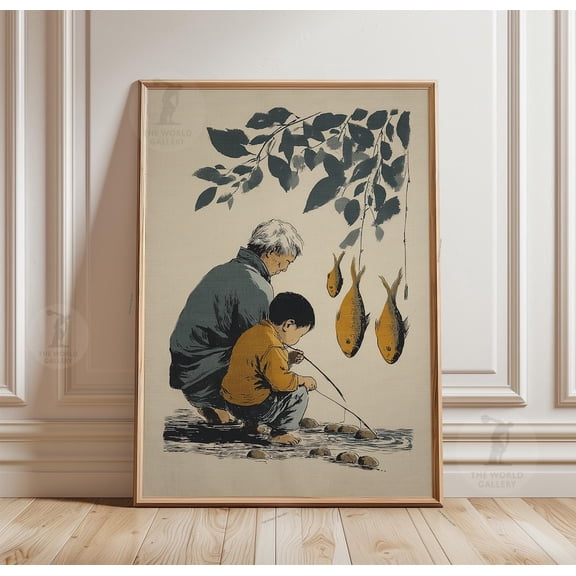 Father Son Fishing Vintage Style Nature Illustration Calm Scene Art, Unframed Poster