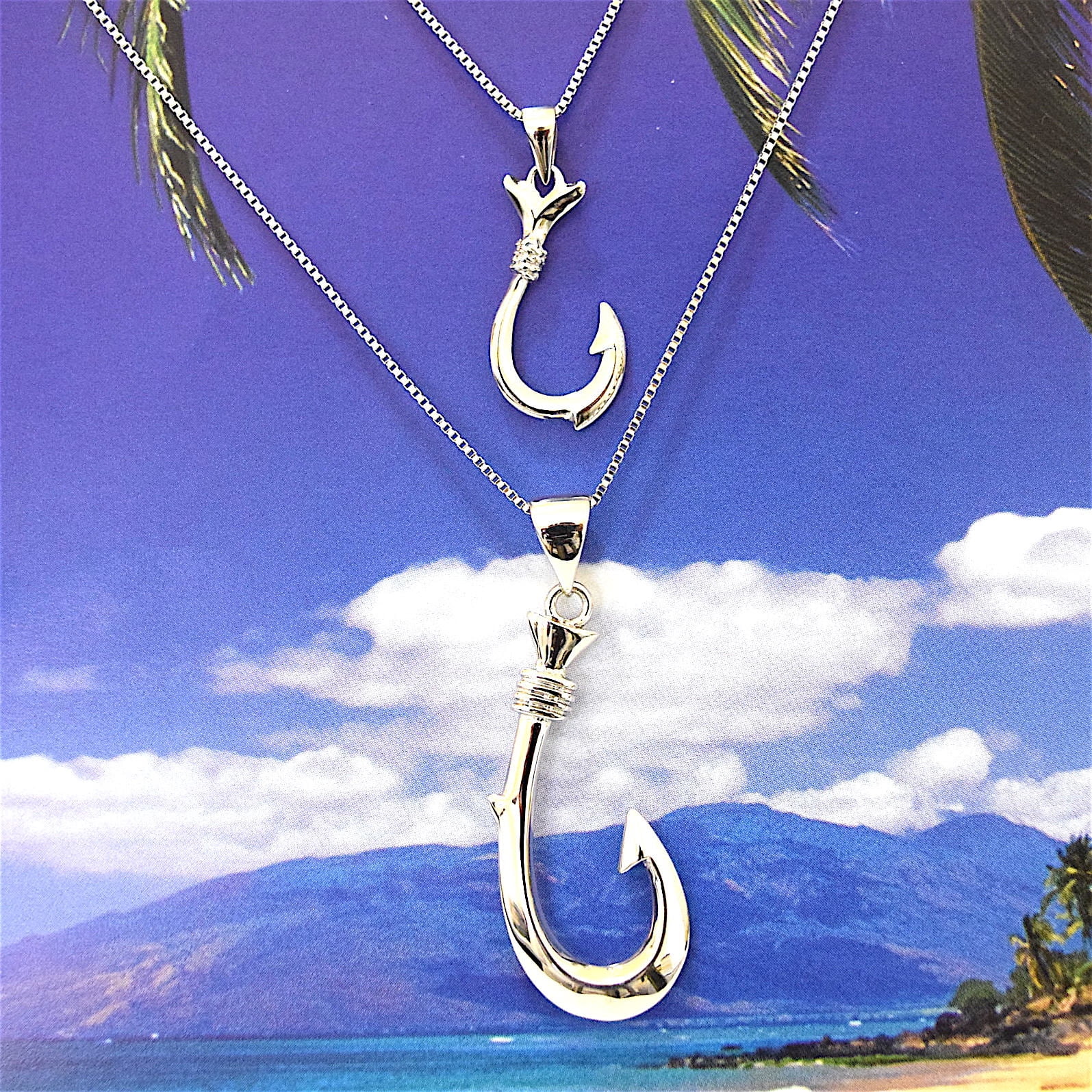 Father Son Hawaiian 3D Fish Hook Matching Necklace, Sterling