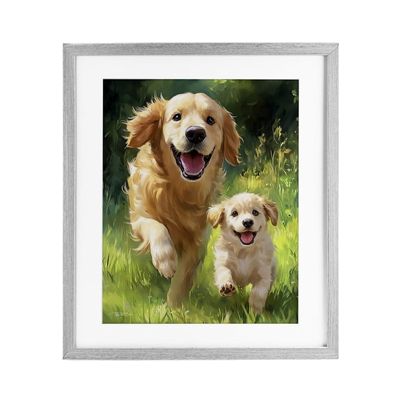 Father & Son Labrador Gray Framed Print Under Glass, design by Momart
