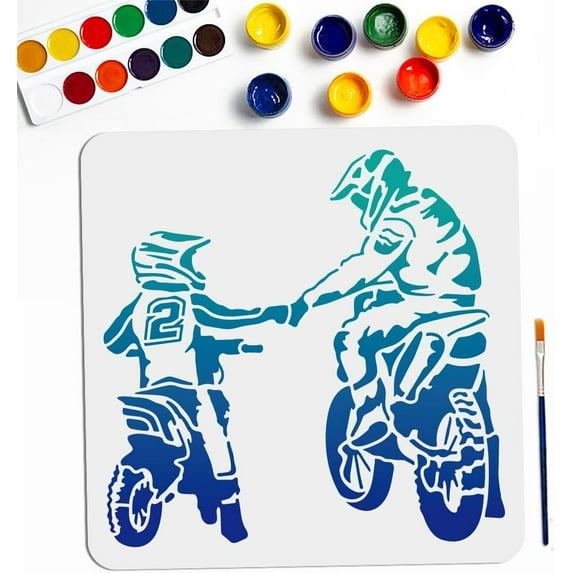 Father and Son Motorcycle Off Road Stencil 11.8×11.8inch Large Family Autobikes Painting Stencils with Paint Brush Decorative Happy Father's Day Template for Wood Walls Canvas Crafts