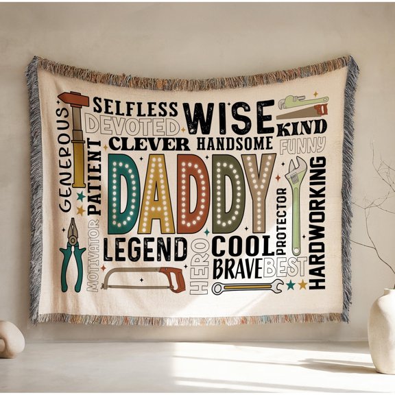 Father Theme Typography Woven Throw Blanket, Cotton with Fringed Edges for Couch Decor