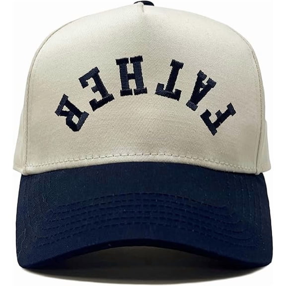 Funky Junque Trucker Hat – Vintage Snapback Baseball Cap with Embroidered Design - Father (Upside Down) - Navy/Beige