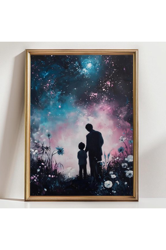 Father and Child Stargazing Wall Art Emotional Silhouette Night Sky Celestial Decor