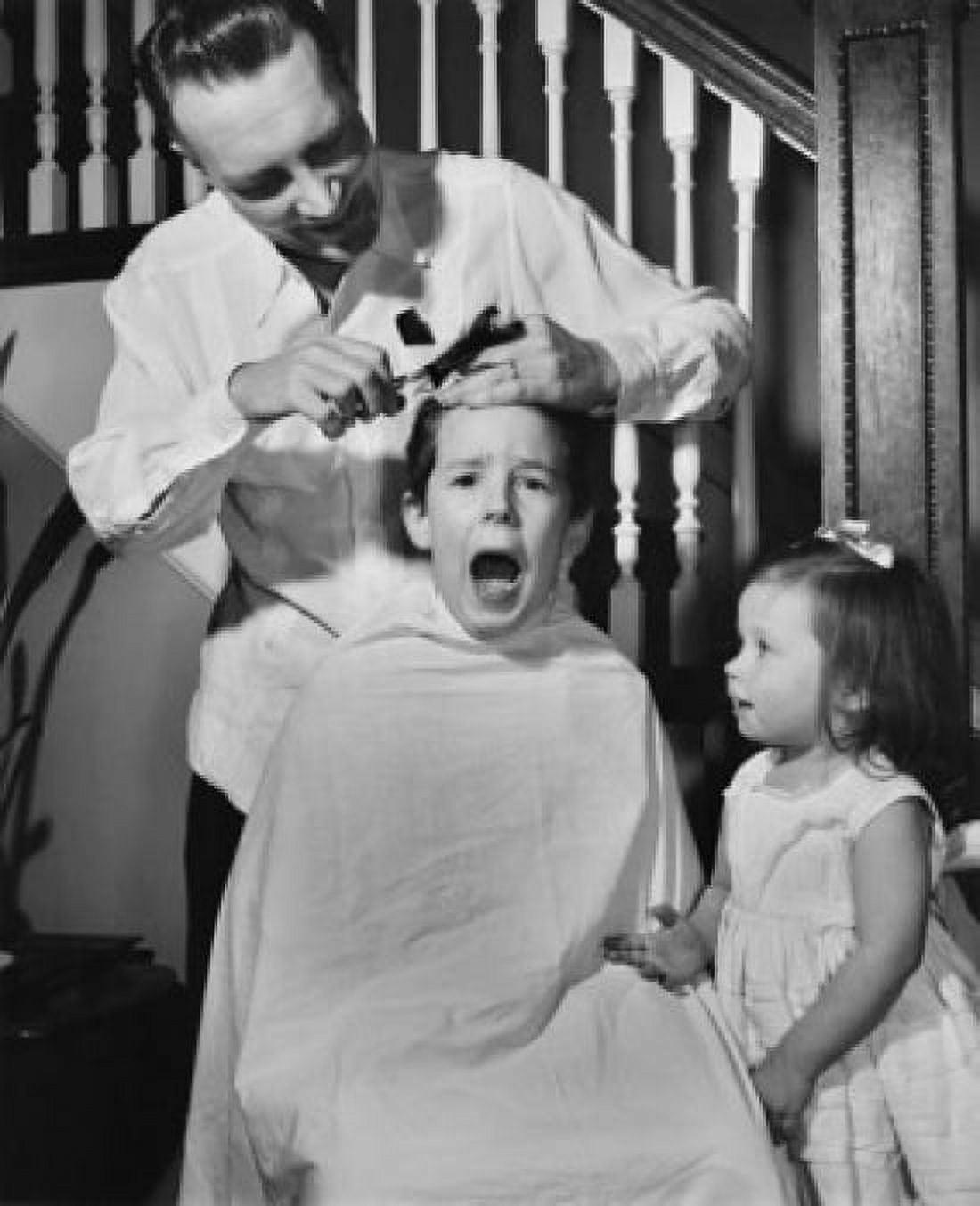 Father cutting his sons hair Canvas Art - (18 x 24)