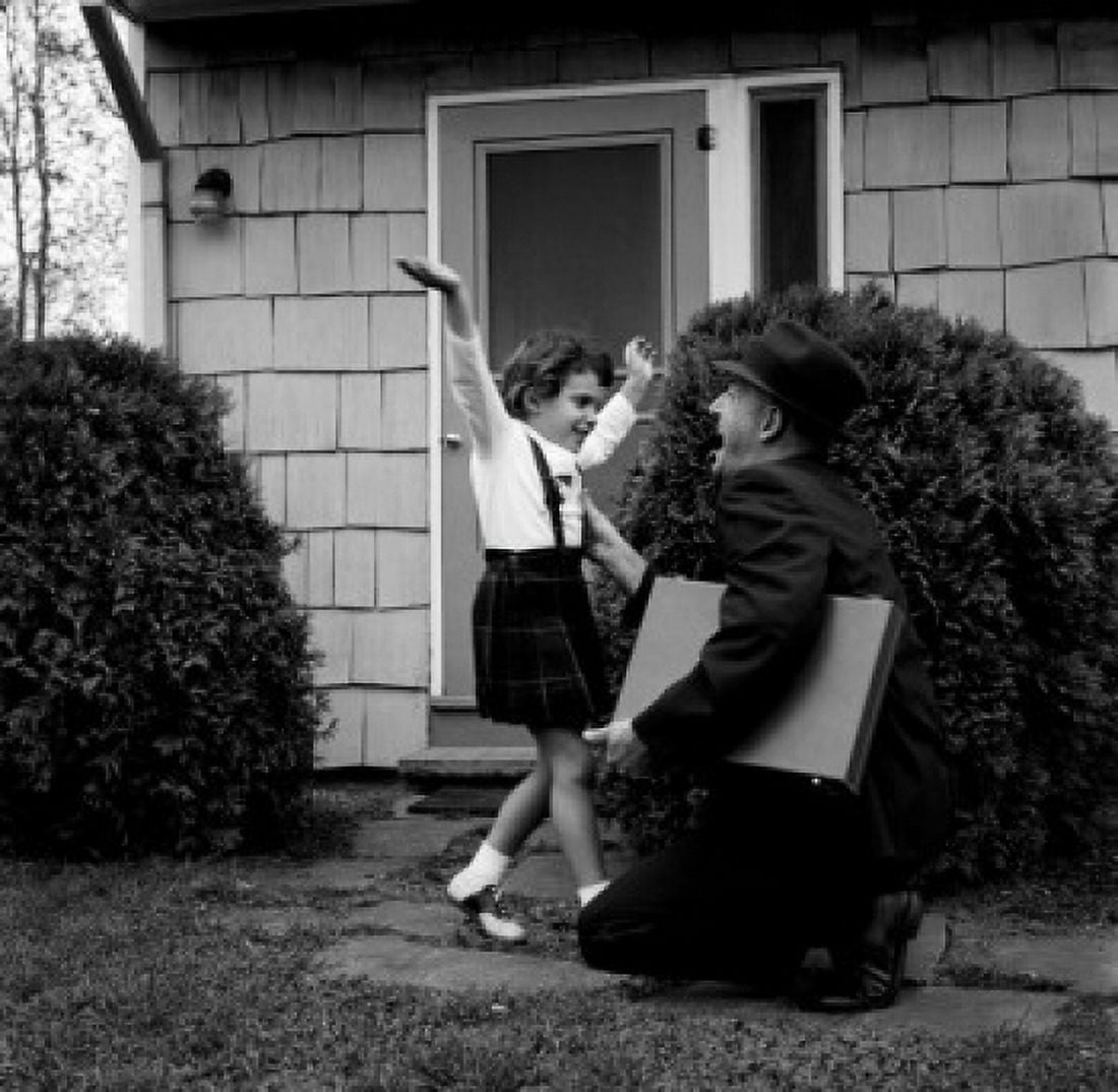 Father greeting daughter in backyard Canvas Art - (24 x 36)