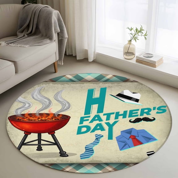 Father's Day 3FT Round Area Rugs Retro Barbecue Shirt Tie Beard Teal Plaid Soft Small Round Rug Non-Slip, Ultra-Thin Indoor Circle Carpet for Bedroom Entryway Kitchen Bathroom