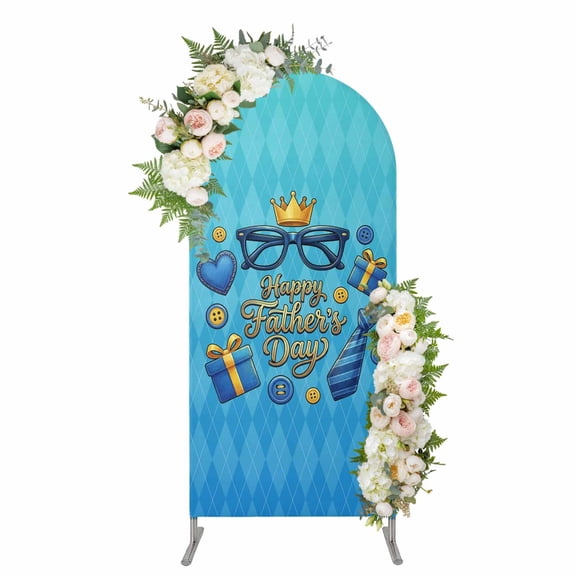 Father's Day Arch Backdrop Cover 6.6FT, Blue Ties Gifts Ombre Geometric Spandex Fitted Stretchy Arch Stand Covers, Round Top Chiara Backdrop Cover for Wedding Party Birthday Baby Shower