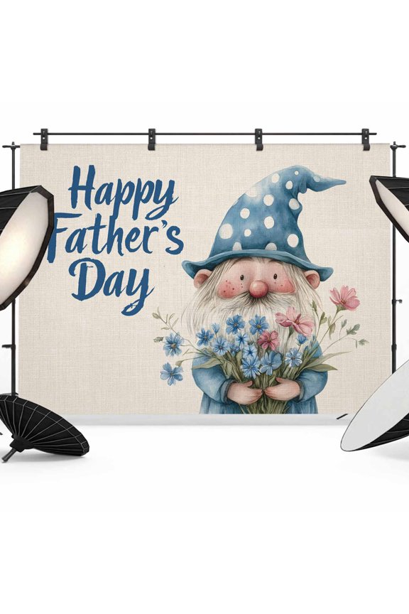 Father's Day Backdrop for Photography, Gnome Hold Blue Red Flowers Linen Texture Photo Backdrop Portrait Background Party Banner Photo Backgrounds for Studio Booth Props, 7x5ft