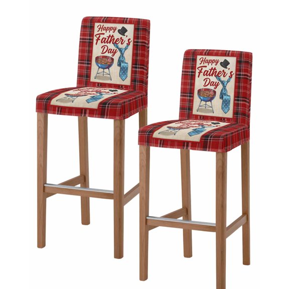Father's Day Bar Stool Covers Set of 2, Red Checkered Farmhouse Modern Art Stretch Washable Bar Chair Covers with Backs, Removable Pub Counter Height Chair Cover for Kitchen Dining Room Cafe