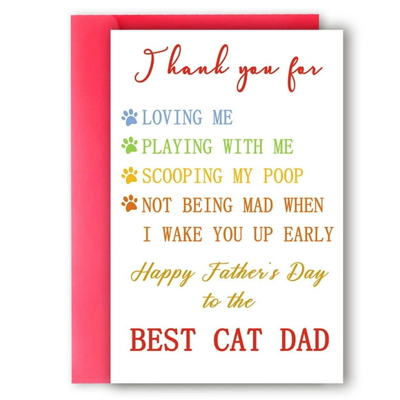 Father's Day Card for Cat Dad "Thank You for Loving Me" Poetic Design Colorful Paw Prints Perfect Greeting Card for Cat Lovers on Father's Day
