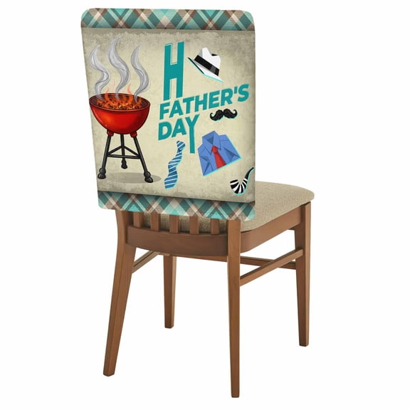 Father's Day Chair Covers Set of 1 Retro Barbecue Shirt Tie Beard Teal Plaid Chair Back Covers Stretch Removable Washable Slipcovers Protector for Dining Room Kitchen Party Decor