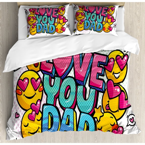 Father's Day Duvet Cover Set, Colorful Love You Dad and Smiling Colorful Retro Design Print, Decorative 3 Piece Bedding Set with 2 Pillow Shams, King Size, Yellow and Grey, by Ambesonne