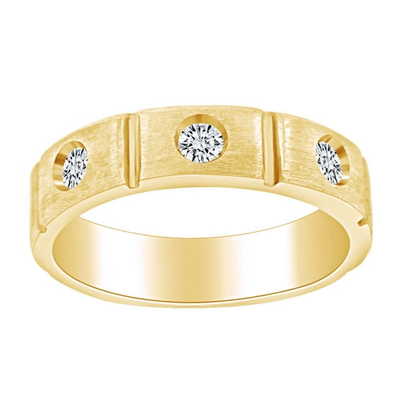 AFFY Father's Day Gift 0.30 Carat(Cttw) Round Shape White Natuyral Diamond Three Stone Men's Wedding Band Ring In 14k Solid Yellow Gold Ring Size-10