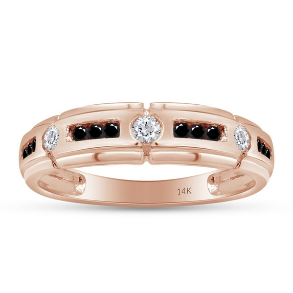 AFFY Father's Day Gift 0.40 Carat (Cttw) Round Shape Black & White Natural Diamond Men's Wedding Band Ring In 14k Solid Rose Gold Ring Size-12.5