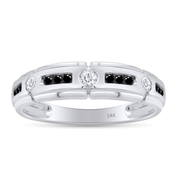 AFFY Father's Day Gift 0.40 Carat (Cttw) Round Shape Black & White Natural Diamond Men's Wedding Band Ring In 14k Solid White Gold Ring Size-11.5