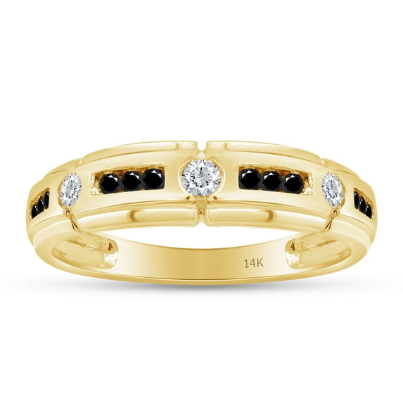 AFFY Father's Day Gift 0.40 Carat (Cttw) Round Shape Black & White Natural Diamond Men's Wedding Band Ring In 14k Solid Yellow Gold Ring Size-13.5
