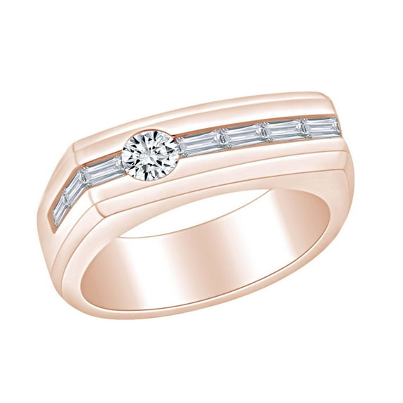 Father's Day Gift 0.87 Carat (Cttw) Round & Baguette White Natural Diamond Men's Anniversary Band Ring In 14k Solid Rose Gold Ring Size-10