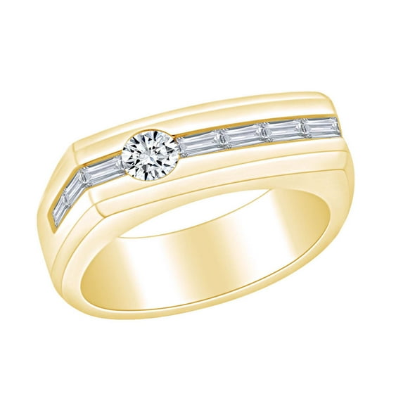 AFFY Father's Day Gift 0.87 Carat (Cttw) Round & Baguette White Natural Diamond Men's Anniversary Band Ring In 14k Solid Yellow Gold Ring Size-13.5