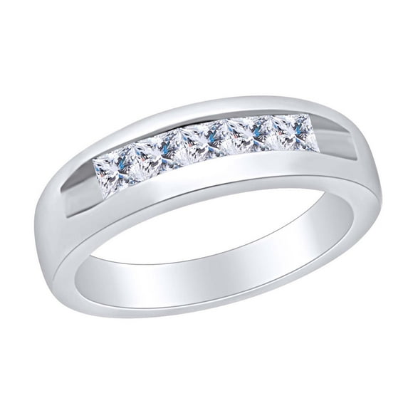 AFFY Father's Day Gift 1.05 Carat (Cttw) Princess Cut White Natural Diamond Five Stone Men's Wedding Band Ring In 14k Solid White Gold Ring Size-12.5