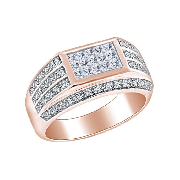 AFFY Father's Day Gift 1 Carat (Cttw) Princess & Round White Natural Diamond Men's Enjgagement Wedding Band Ring 10k Solid Rose Gold Ring Size-14