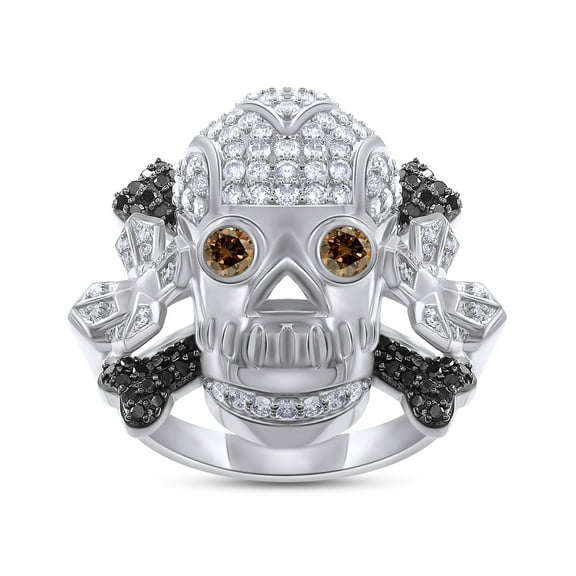 Father's Day Gift 2.20 Carat Round Cut Black, Brown & White Natural Diamond Men's Skull Band Ring In 14k Solid White Gold (Color: I-J, Clarity: I2-I3, 2.20 Cttw)-10