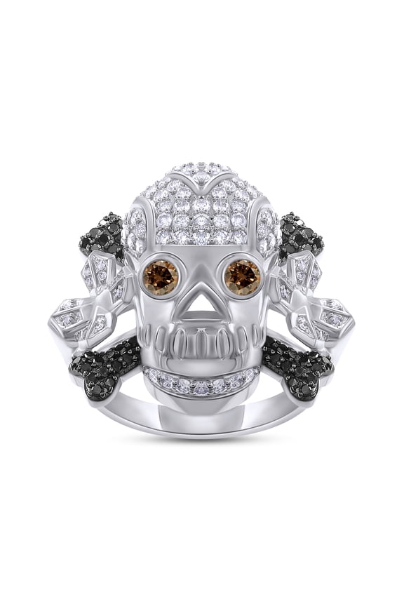 Father's Day Gift 2.20 Carat Round Cut Black, Brown & White Natural Diamond Men's Skull Band Ring In 14k Solid White Gold (Color: I-J, Clarity: I2-I3, 2.20 Cttw)-10