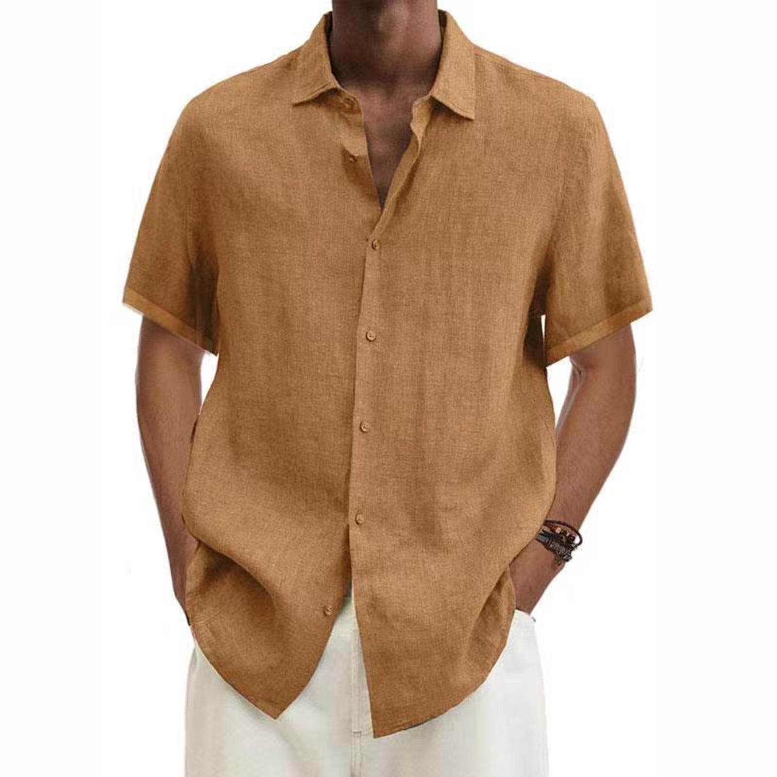 Pengfei Men's Short Sleeve Linen Cotton Shirt - Casual Button-Down Tee For Summer (Blue, Black, Beige & More) - View #7