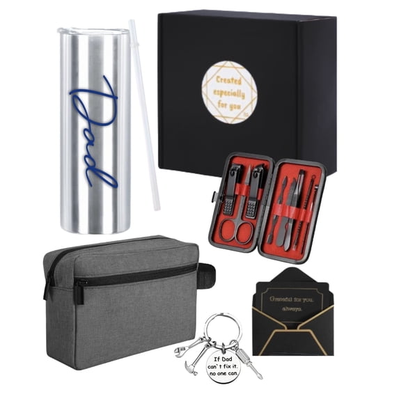 Gift Basket for Dad - 5 pcs: Travel Bag, Key Ring, Manicure Kit, Tumbler w/Straw - "Dad" or "Best Dad Ever" by Fairly Dunn