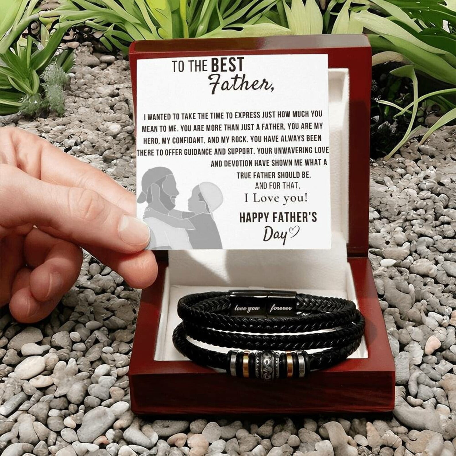 Father's Day Gift for Dad from Son, Special Dad Gift for Best Father, Personalized Vegan Leather Bracelet for Men in Luxury LED Box, Birthday Gift Bracelet with Message Card